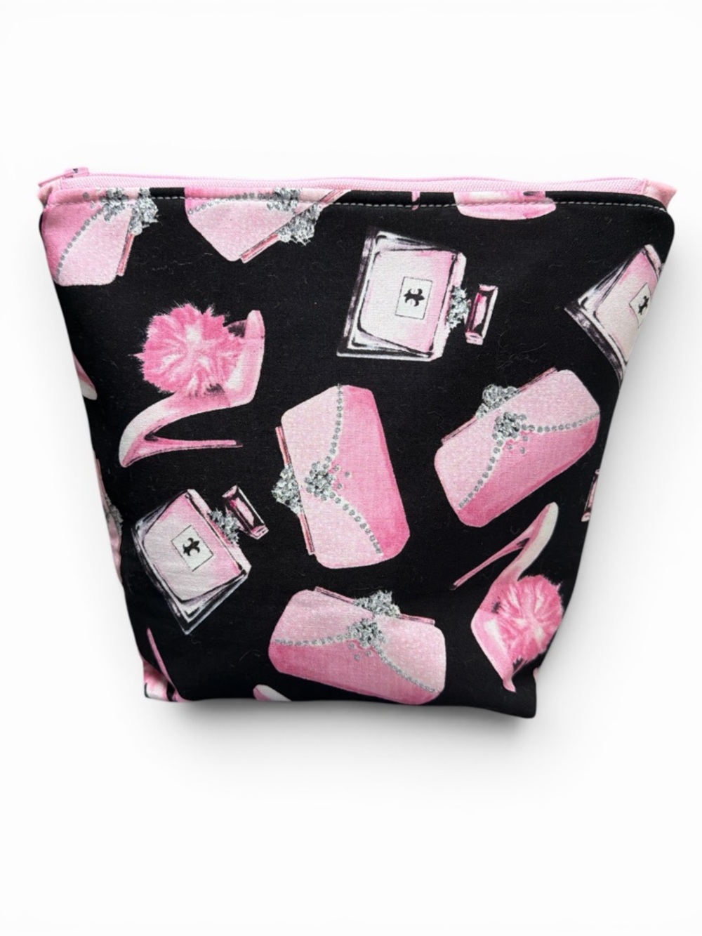 Hand Crafted Zippered Cosmetic Pouch Pink & Black with Purse Shoe Perfume Print - Picture 2 of 5